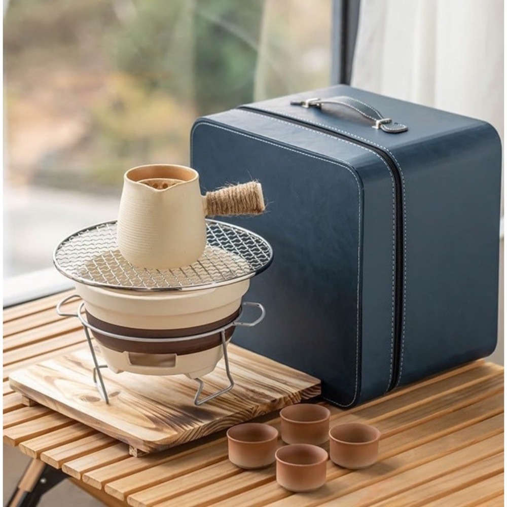 Portable Travel Tea Set with Mini Ceramic Stove Burner & Leather Carry Case NIB